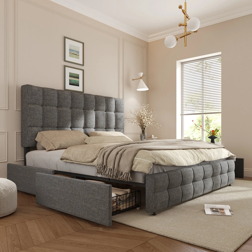 Letto matrimoniale in lino grigio 140x200 4 cassetti doghe testiera regolabile con materasso