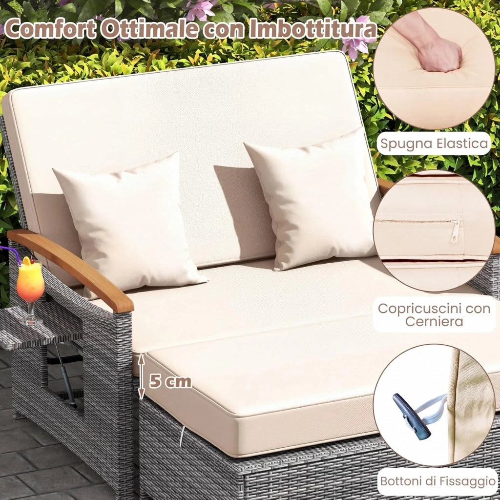 Lettino Prendosle da Giardino con Cuscino per 2 Persone, Divano in Rattan con Panca Contenitore, Schienale Regolabile a 4 Livelli e Vassoi Laterali Estraibili per Balcone e Terrazza