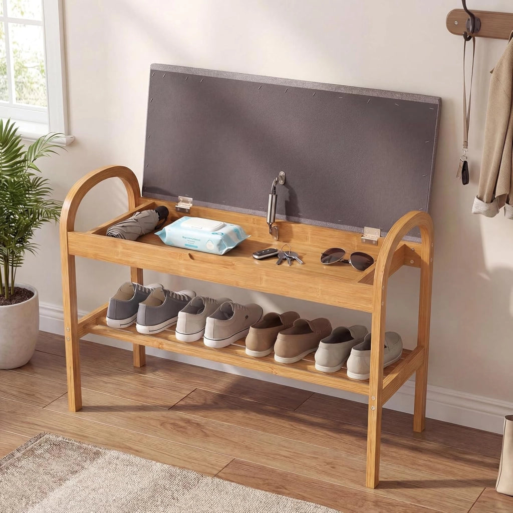 Panca Scarpiera da Ingresso con Contenitore, Panca Imbottita Porta Scarpe in Legno Bambù 2 Livelli, per Corridoio, Camera da Letto e Soggiorno, Carico 150 kg, 70 x 30 x 51 cm