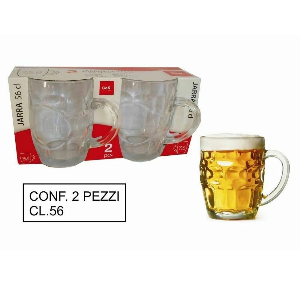 Trade Shop - Set 2 Pezzi Brocca Bicchieri Boccali Birra In Vetro Classico 56 Cl Con Manico -