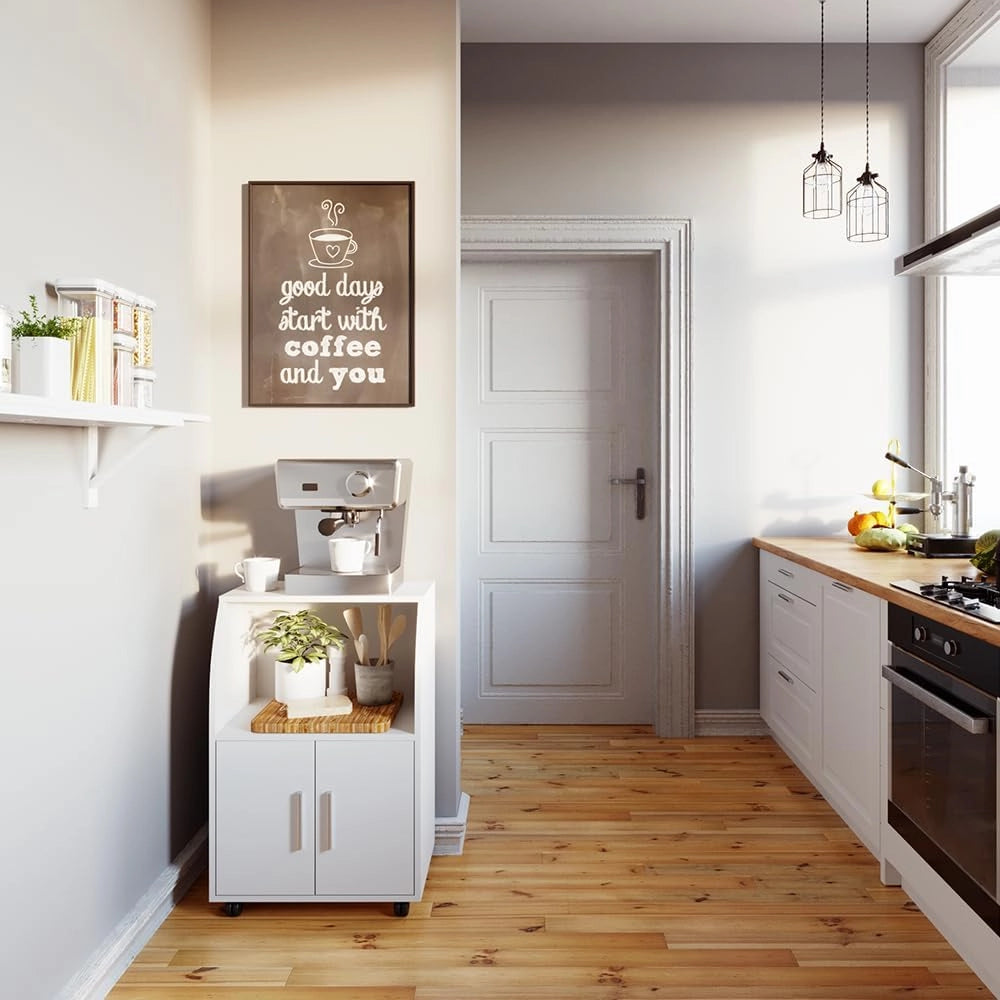 carrello cucina Elio, Bianco, 55 x 83.8 cm, con ruote e ripiano d'appoggio per microonde o dispositivi