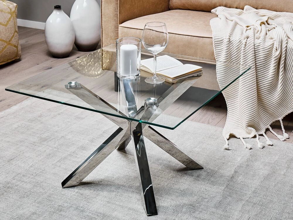 Tavolino da caffè in vetro argento 70 x 70 cm gambe in metallo lucido moderno quadrato soggiorno camera da letto