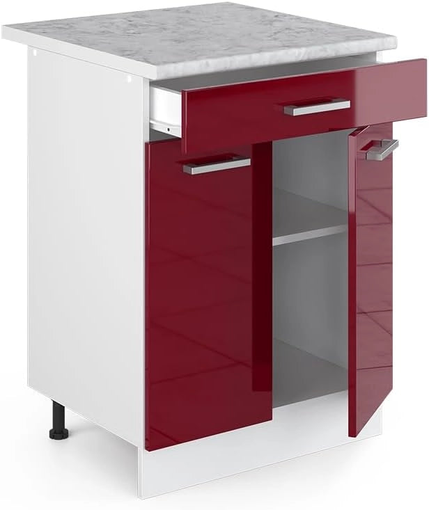 Mobiletto base per cucina R-Line, Rosso lucido, 60 cm con cassetto PL Marmo, per la libera combinazione all'interno di sistemi cucina modulari