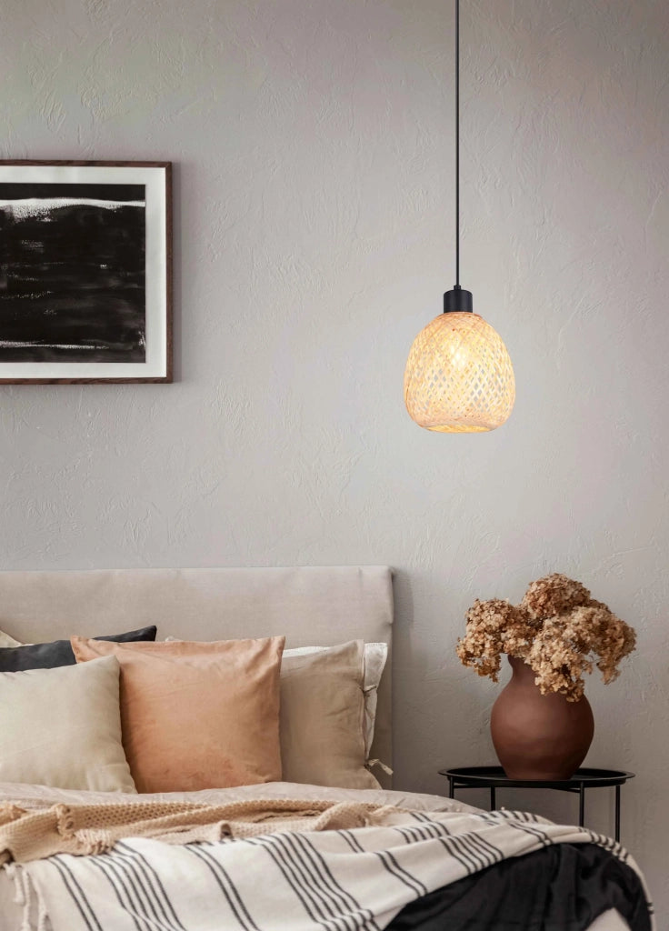 Lampada a sospensione, bambù e metallo nero, D 18 cm, Amelie