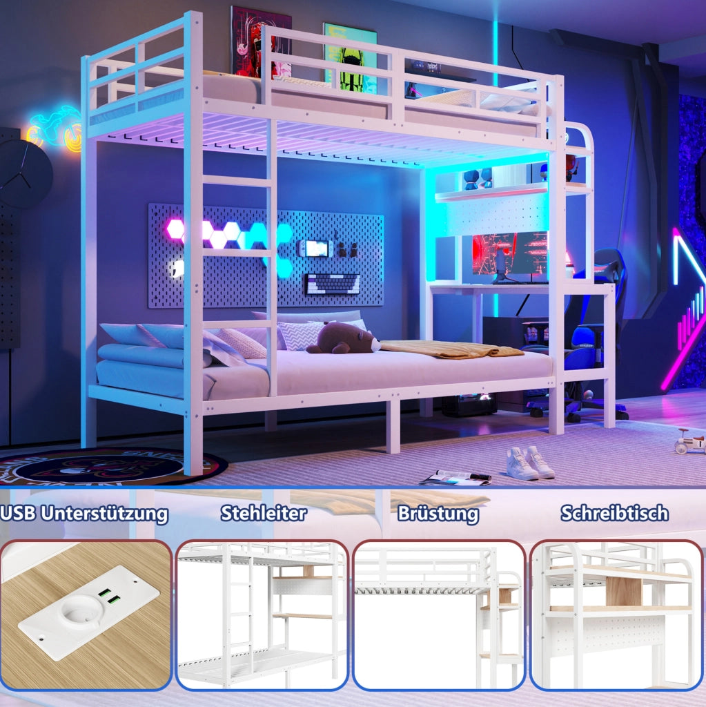Letto a castello 90x200 cm in metallo e MDF con scrivania; ripiani; LED e USB; bianco