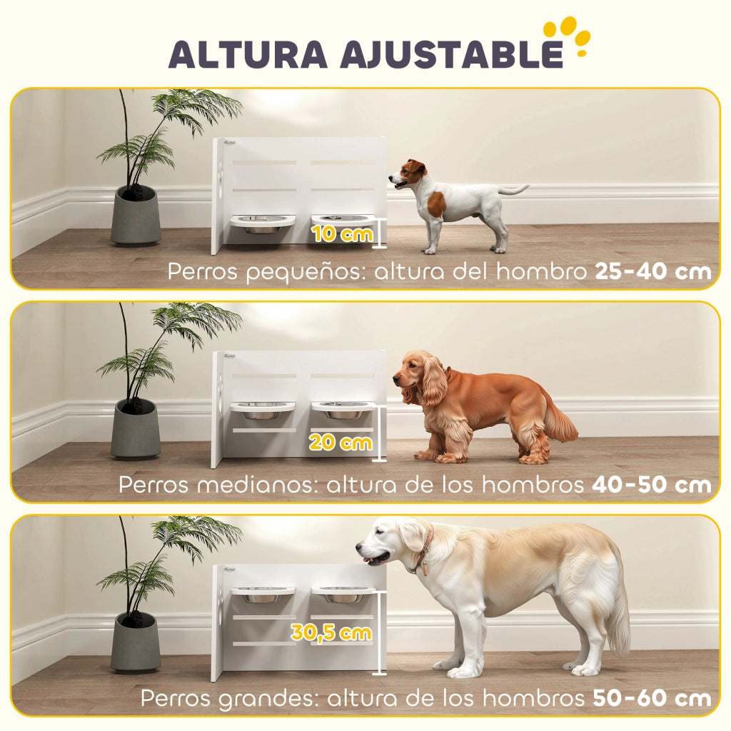Ciotola Rialzata Doppia per Cani ¨C Xylo ¨C Altezza Regolabile con Sistema Alimentazione Lenta 63x58,5x40 cm Bianco