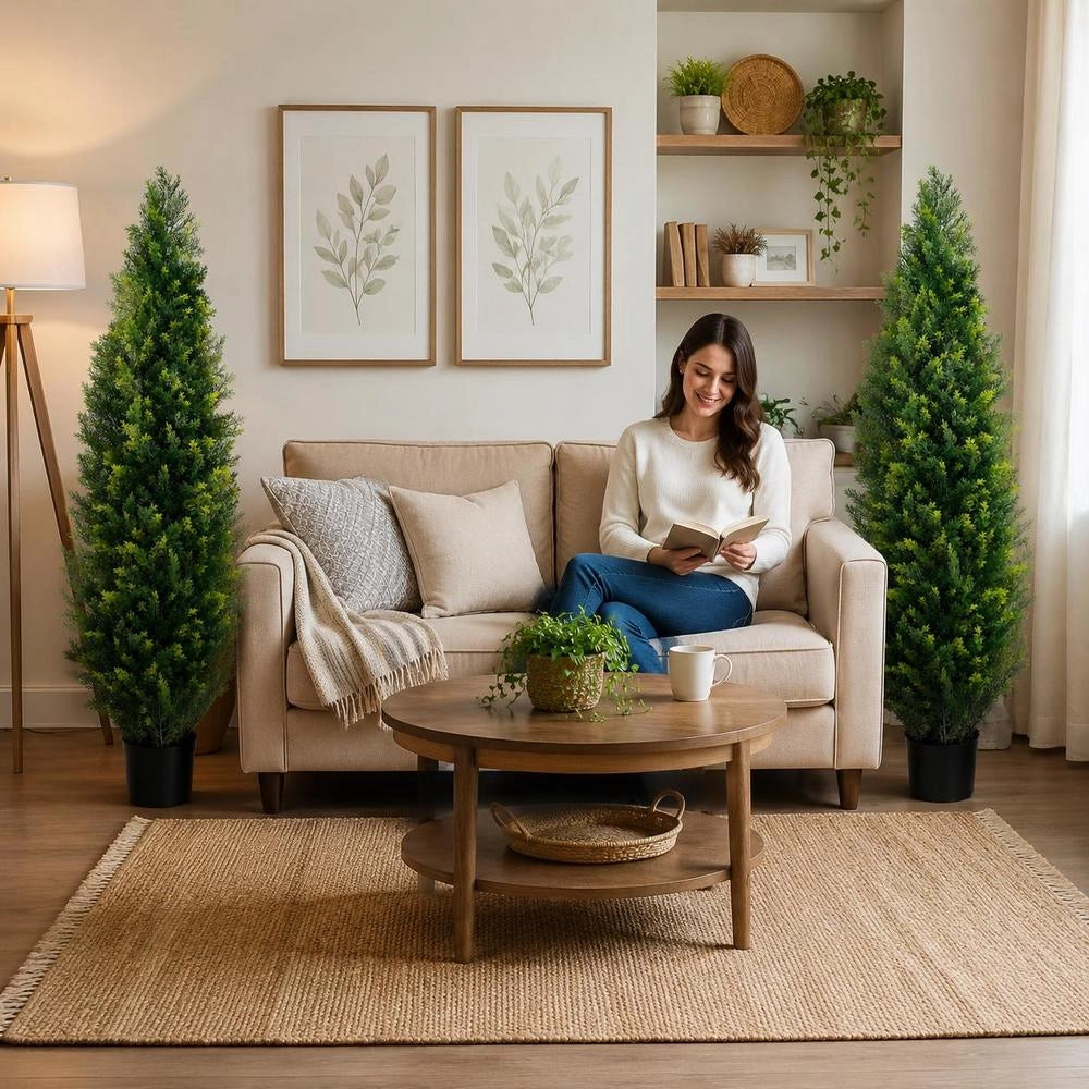 Artificial Topiary Cedar Tree, 152.4 Cm Tall (2 Pieces), With Extra Leaves And Pot, Artificial Evergreen Pine-cypress Plant, UV-protected Artificial Greenery Set