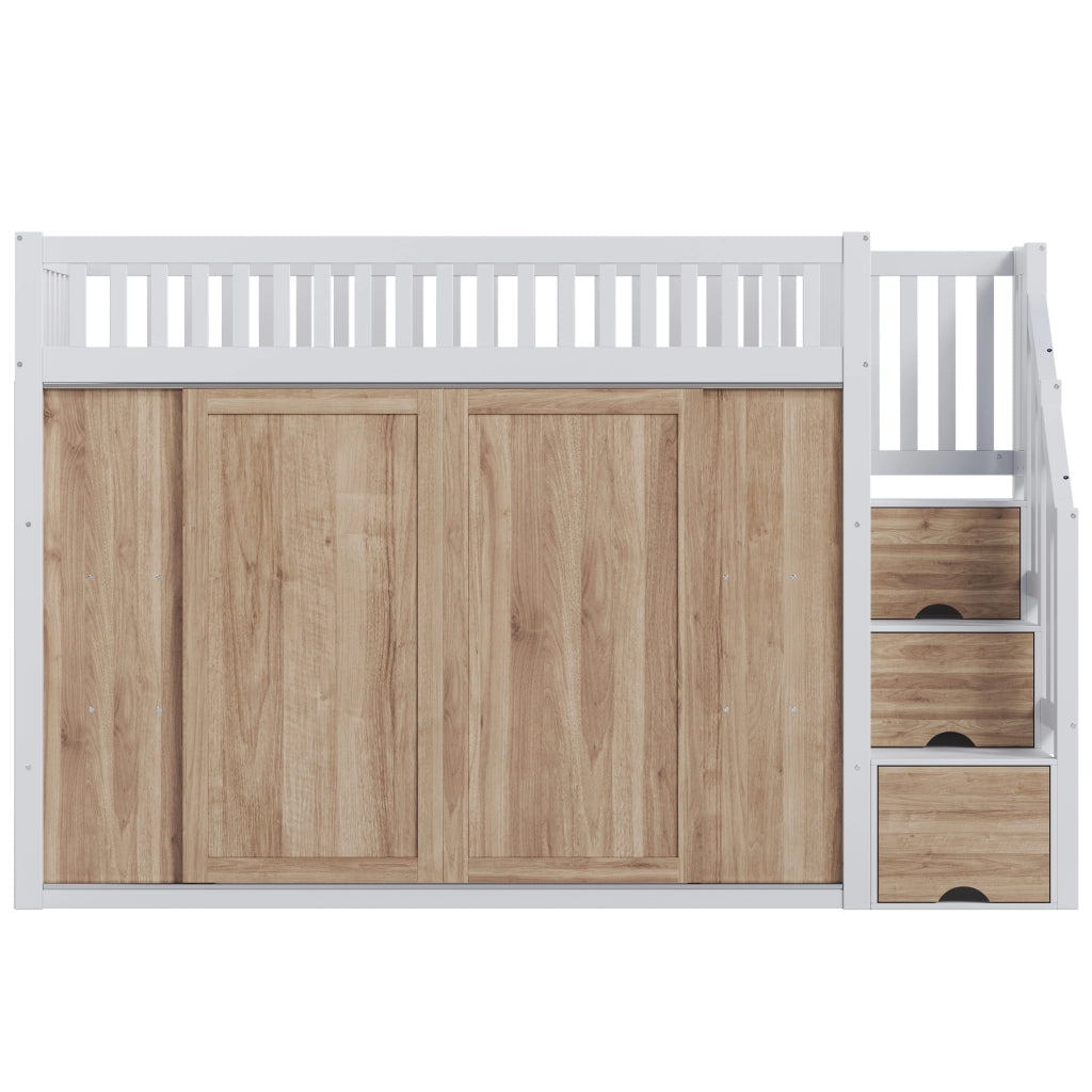 Letto a soppalco per bambini 90x200 cm con armadio e scala contenitore, bianco e rovere, senza materasso