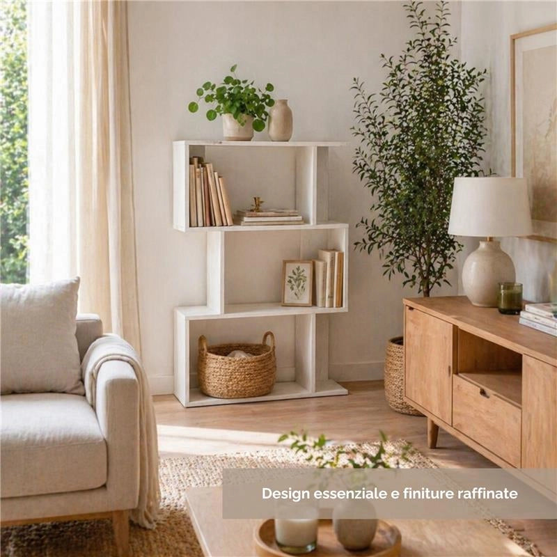 LIBRERIA CUBICA IN LEGNO BIANCO CON 3 RIPIANI SFALSATI DIMENSIONI  70X24X96 CM