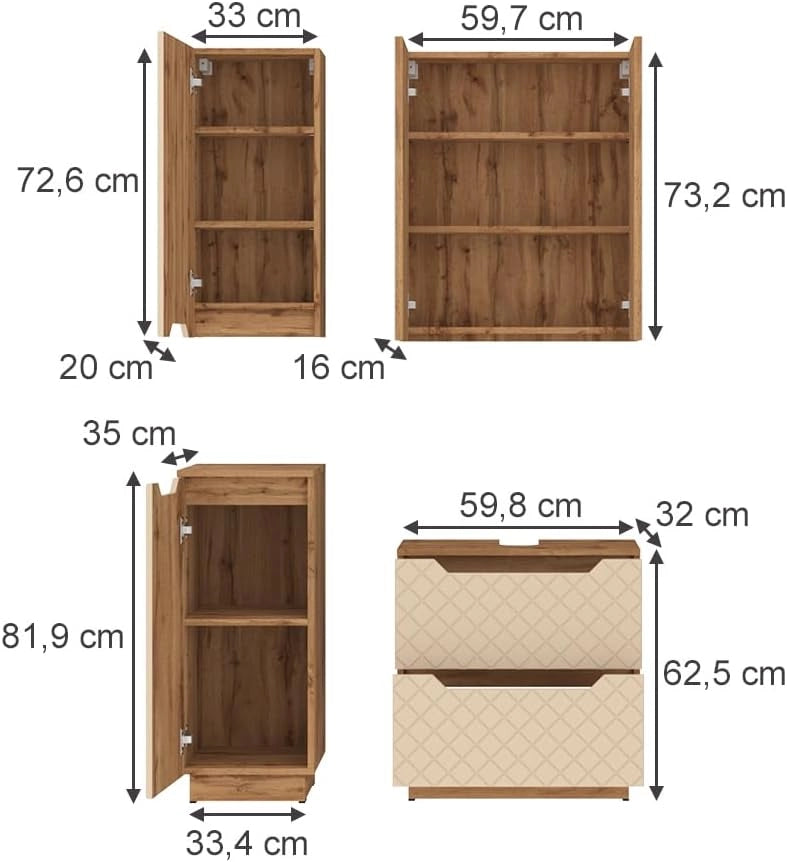 Set di mobili da bagno Lotta, Rovere/cashmere con struttura in piastrelle, 4 parti