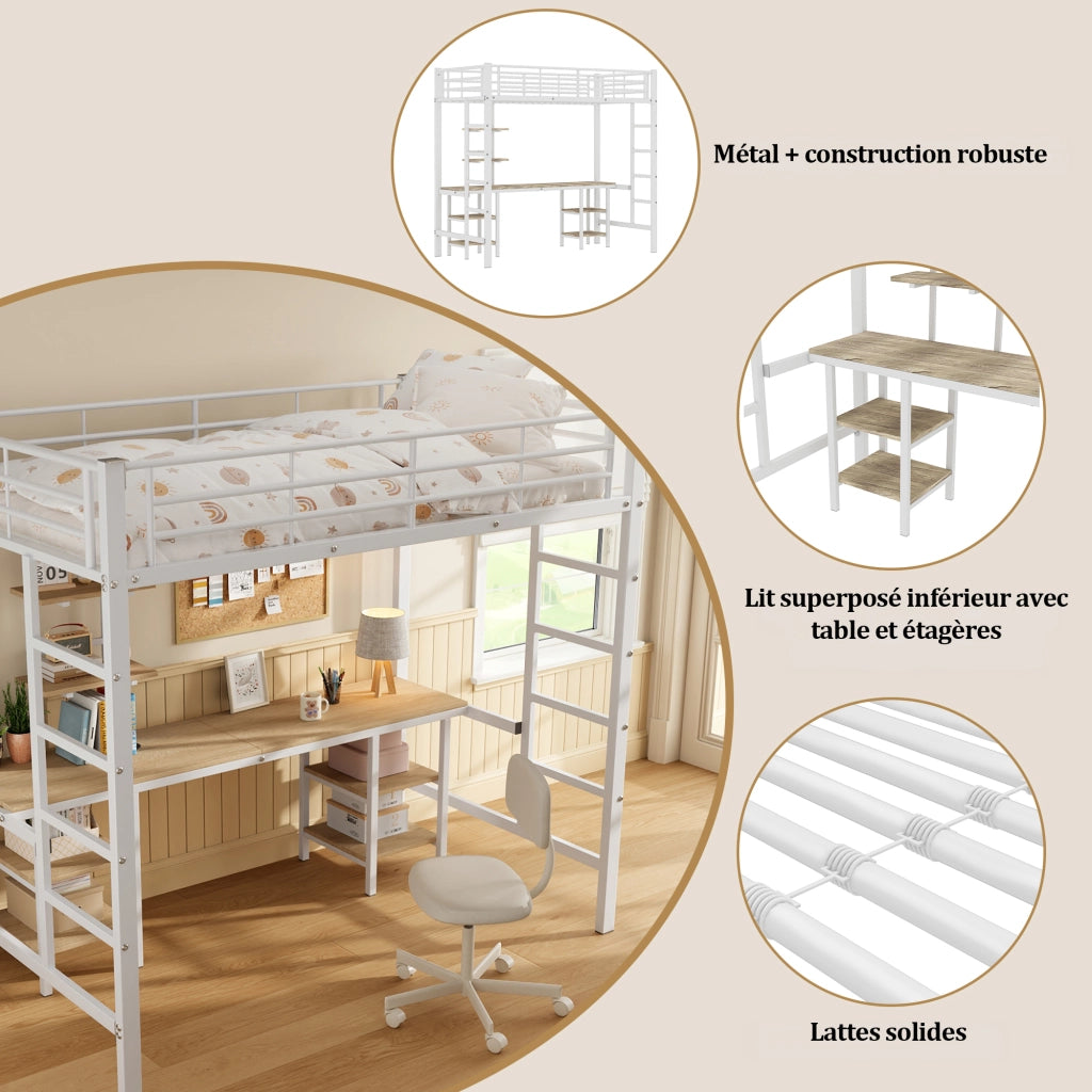 Letto a Soppalco Letto Singolo con Scrivania; Scaffali e Sponda; 90×200 cm; senza Materasso; Metallo e MDF; Bianco
