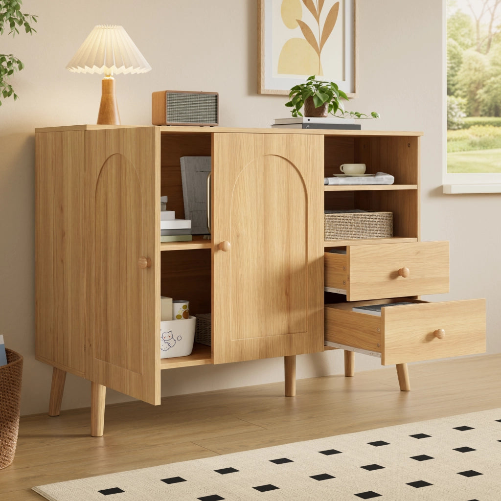 Credenza sideboard con ante bombate, 2 cassetti e vani aperti, colore naturale