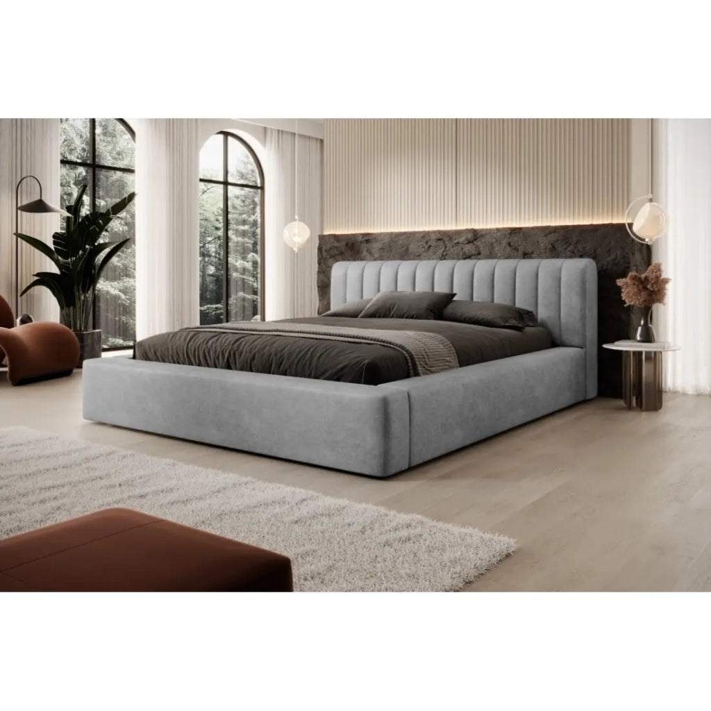 Lettino contenitore CERVIN - Velluto morbido Perla di cemento - 140x200 cm - Rete sollevabile - Design contemporaneo