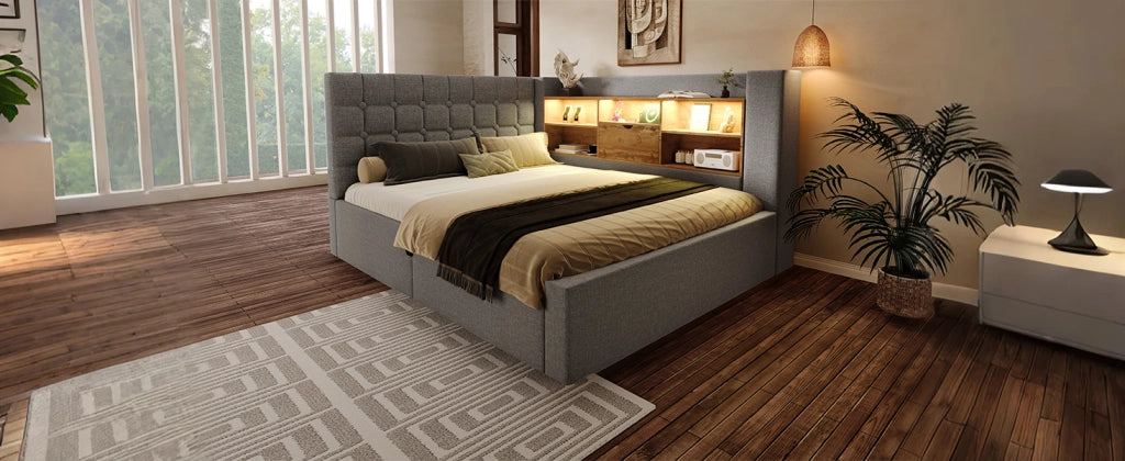 Letto matrimoniale 140x200 cm in lino con LED, porta USB, contenitore idraulico e testiera L reversibile, grigio