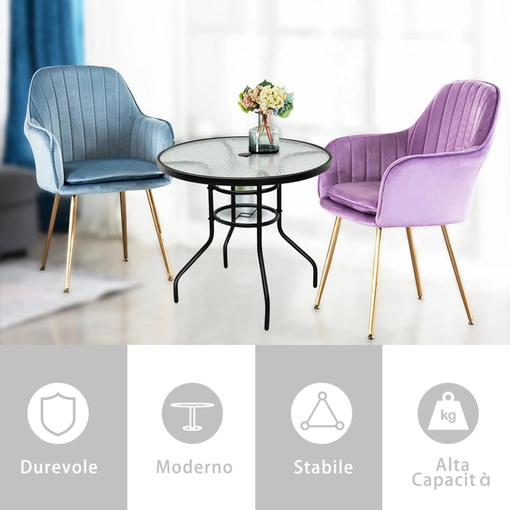 Tavolino Esterno in Metallo e Vetro, Tavolino da Bistro con Foro per Ombrellone 4 cm, Tavolo per Giardino Balcone Cortile, Portata 75 kg (81 x 71 cm)