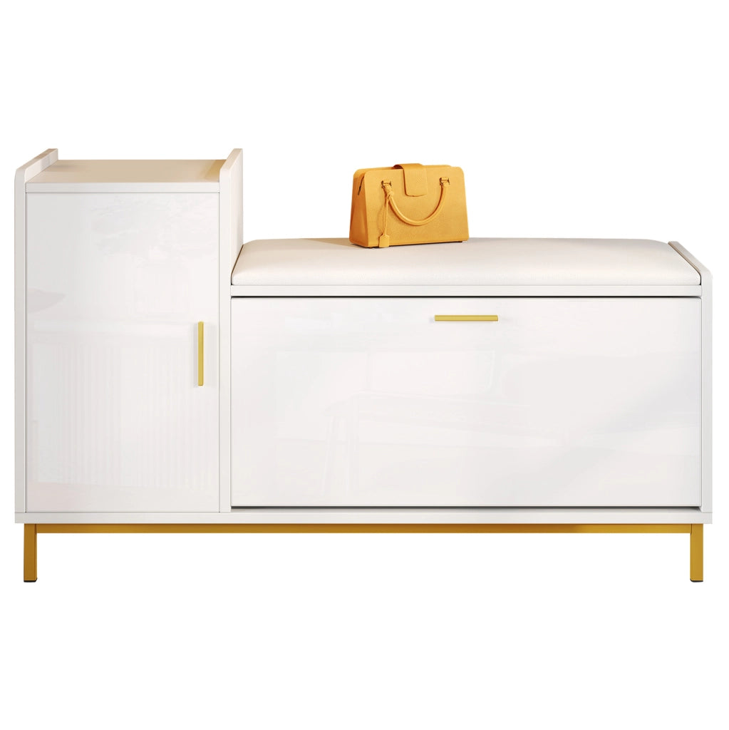 Scarpiera con panca 100 x 38 x 68 cm; 2 ripiani; 1 armadietto; finitura lucida bianco e oro