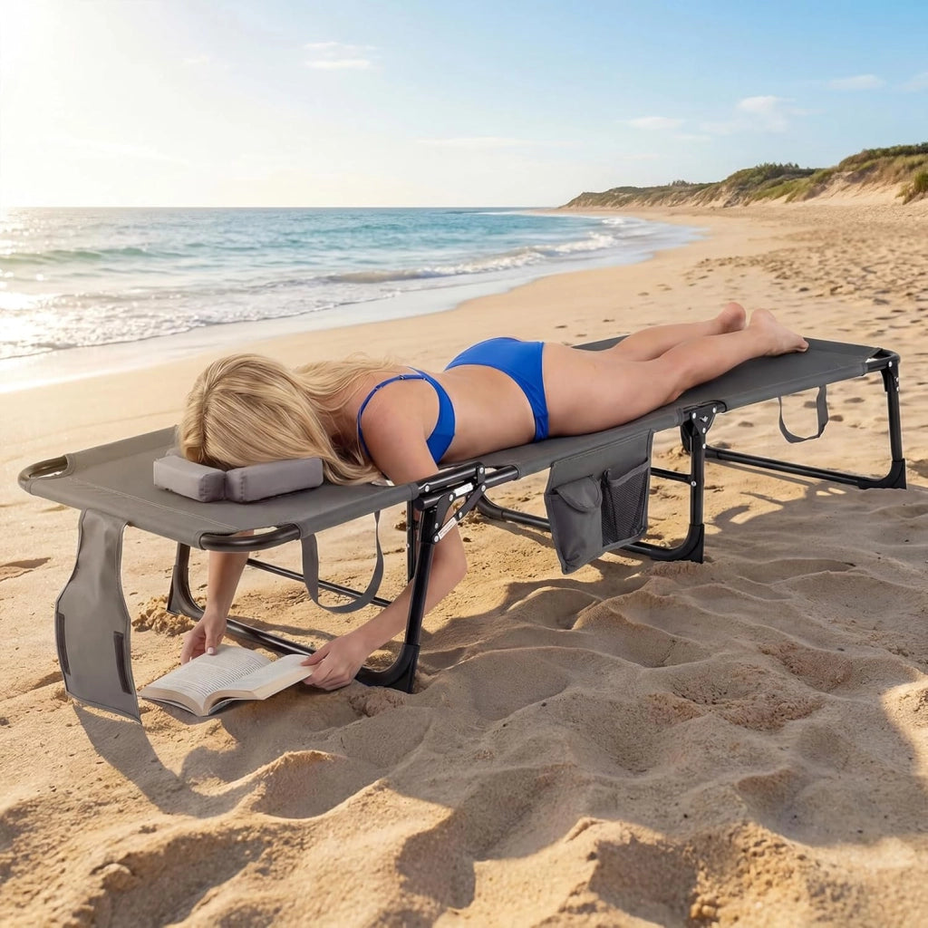 Lettino Prendisole da Spiaggia, Sdraio Mare Pieghevole Portatile con Foro per Viso e Braccia, Cuscino e Tasche Laterali, Schienale Regolabile 4 Posizioni, Portata 150 kg (Grigio)