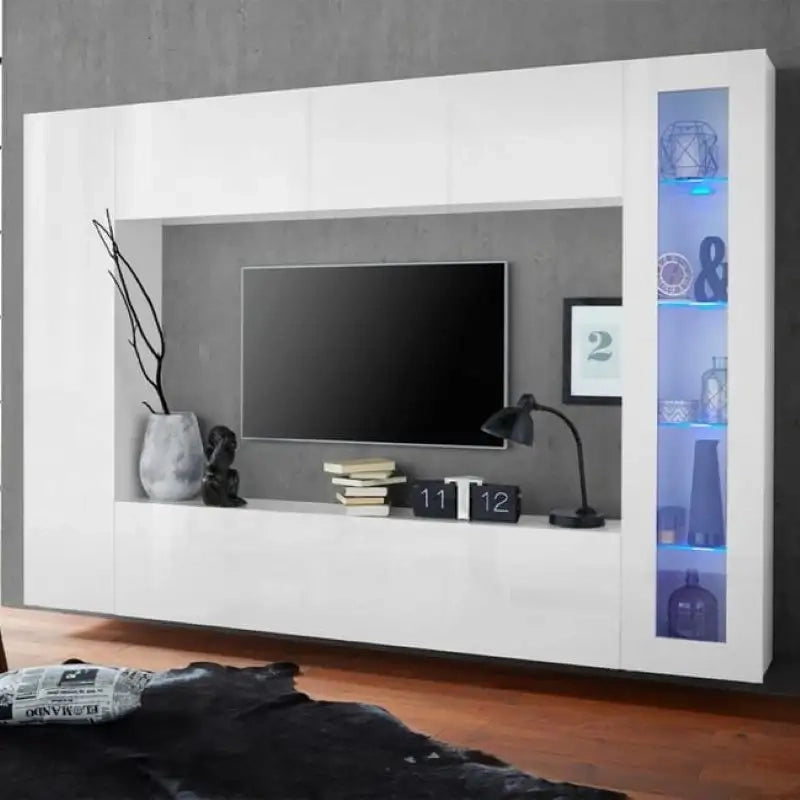 Parete attrezzata bianco lucido porta TV colonna vetrina pensile Joy Ledge