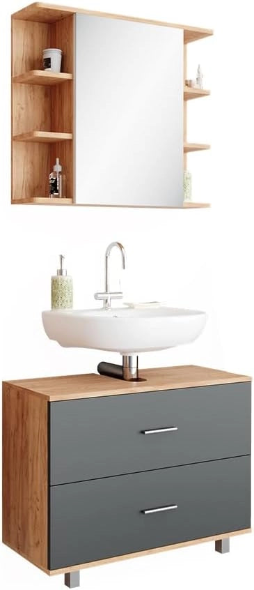 Set mobili bagno Ilias, Antracite/quercia dorata, 80.2 cm, composto da specchio da bagno e mobile sottolavabo