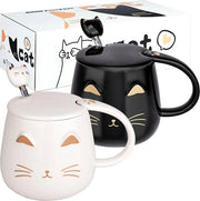 Set di due Mokcat per Caffè con Coperchio e Tappo per Gatto per Amanti degli Animali da Casa Ragazze Donne Regalo di Natale di Compleanno 450ML/15oz Bianco e Nero