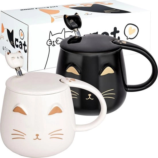 Set di due Mokcat per Caffè con Coperchio e Tappo per Gatto per Amanti degli Animali da Casa Ragazze Donne Regalo di Natale di Compleanno 450ML/15oz Bianco e Nero