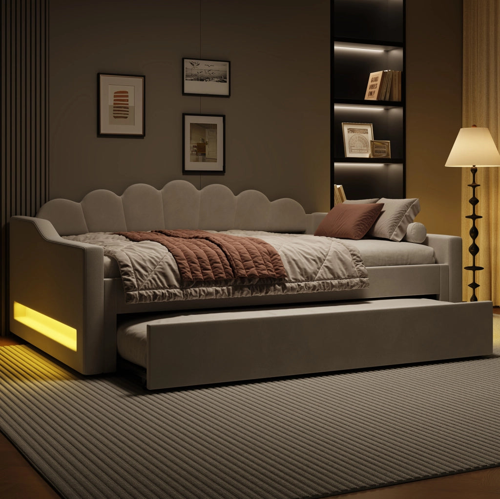 Letto da giorno 140x200 cm con letto estraibile e LED; beige