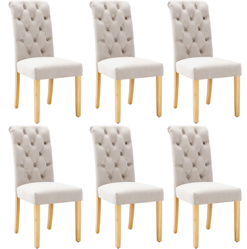 Set di 6 sedie da pranzo in velluto con gambe in legno di quercia; beige