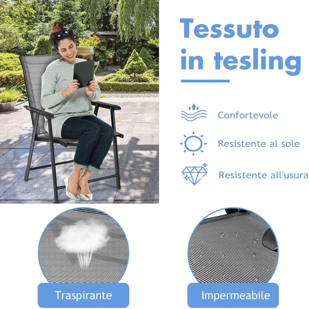 Set di 2 Sedie da Giardino Pieghevoli con Schienale Alto, Sedie da Esterno in Tessuto e Metallo, Carico 150 kg, Poltrona da Balcone, Terrazza, Sala da Pranzo, Cortile (Grigio)