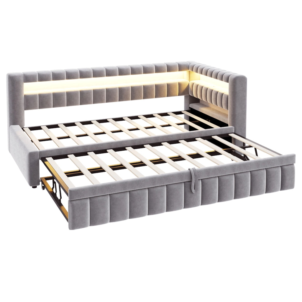 Letto estraibile singolo 90×200 cm con LED; USB e ripiani; senza materasso; velluto; grigio chiaro