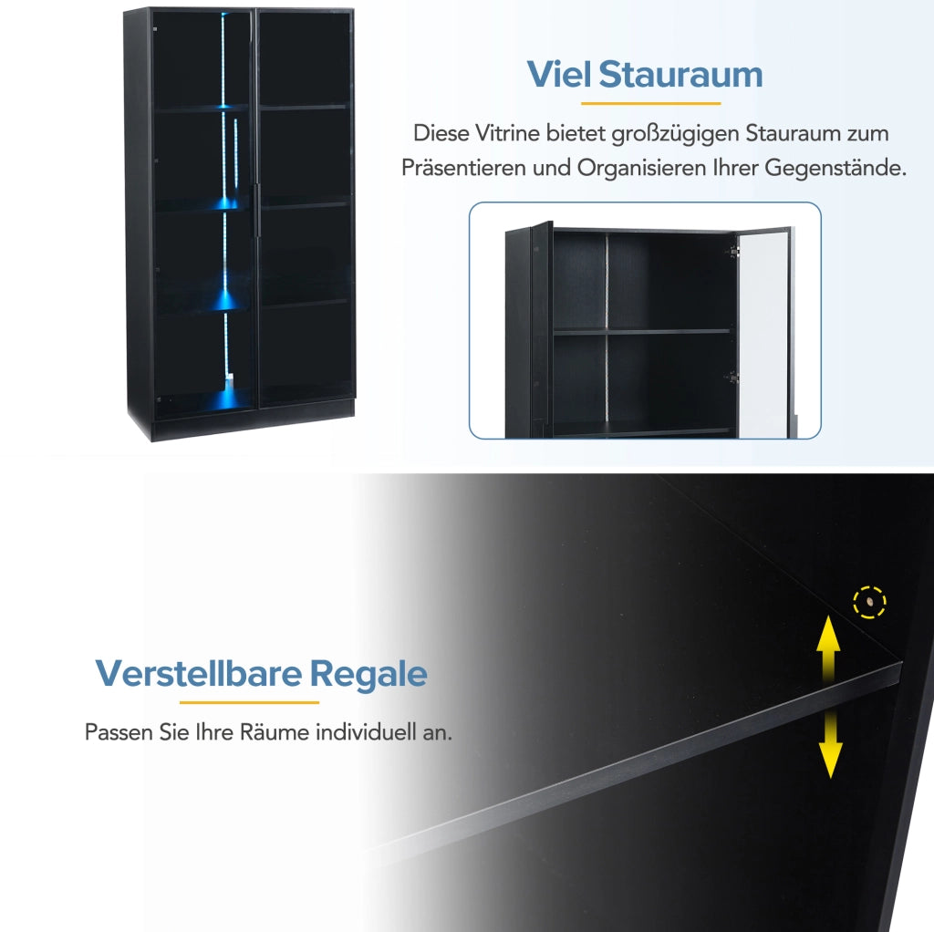 Vetrina nera 80x40x160 cm con ante in vetro e LED controllabili tramite app