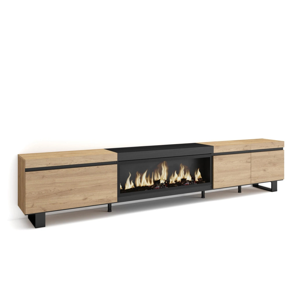 Mobile TV Soggiorno, 288x35x57cm, TV di grande formato, Camino elettrico XXL, Design industriale, colore Rovere e nero RF3614