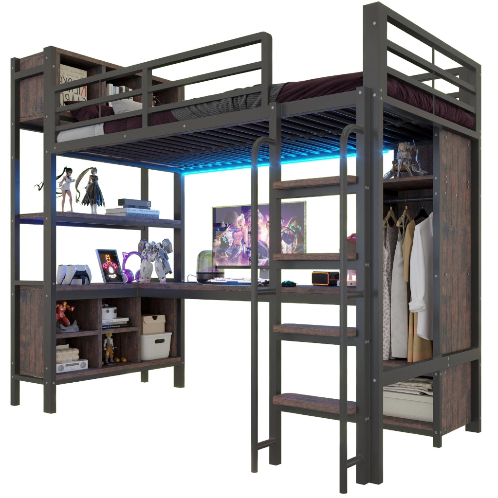 Letto a soppalco multifunzione 90x200 cm con scrivania; armadio; LED e prese EU; nero