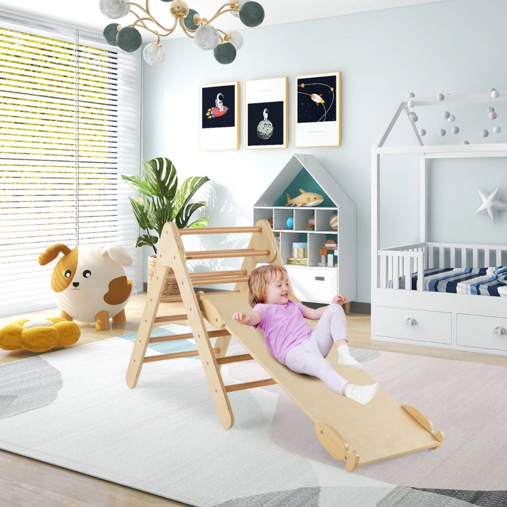 Arrampicata giocattolo a triangolo per bambini 3-in-1, Arrampicatore con rampa di scivolo a 2 lati Naturale-Giocattoli educativi