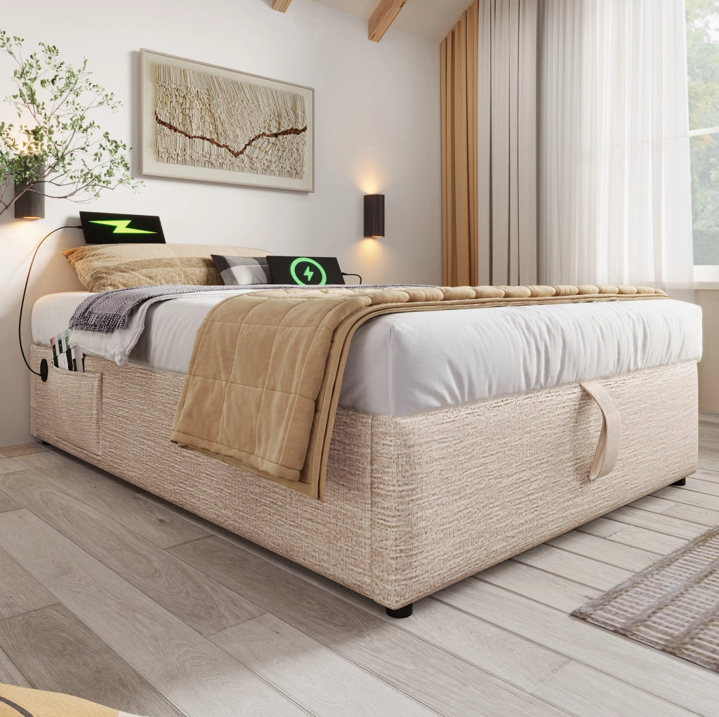 Letto contenitore 90x200 cm con USB C; lino e legno massello