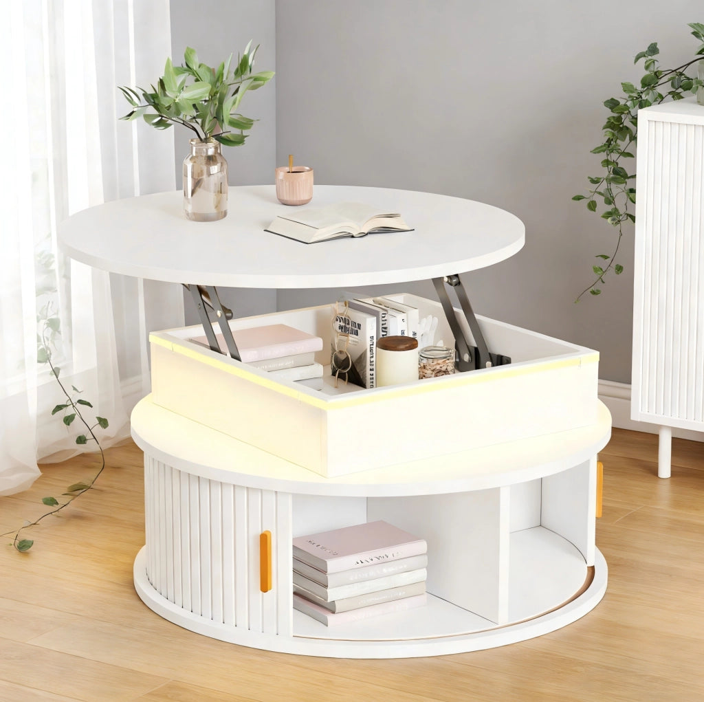 Tavolino rotondo elevabile 75 cm bianco con LED, vano contenitore e serrande