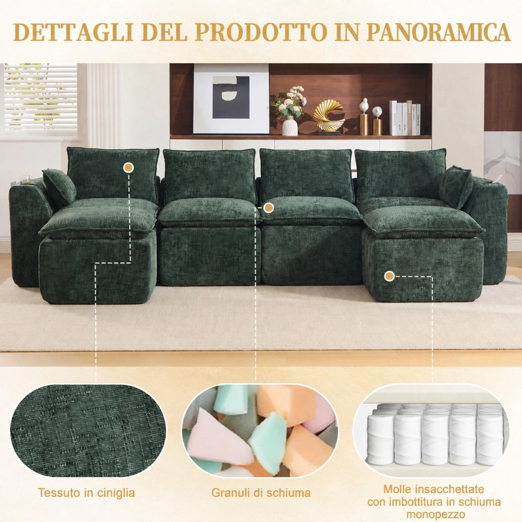 Divano modulare 4 posti con due pouf e portabicchieri; ciniglia verde scuro