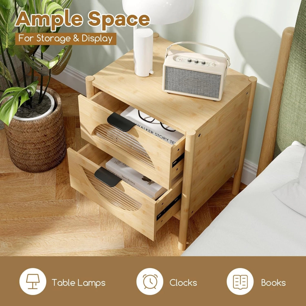Comodino in bambù, comodino con 2 cassetti in vetro striato, gambe con stampa antiscivolo, 45 x 40 x 56 cm, tavolino per camera da letto, soggiorno
