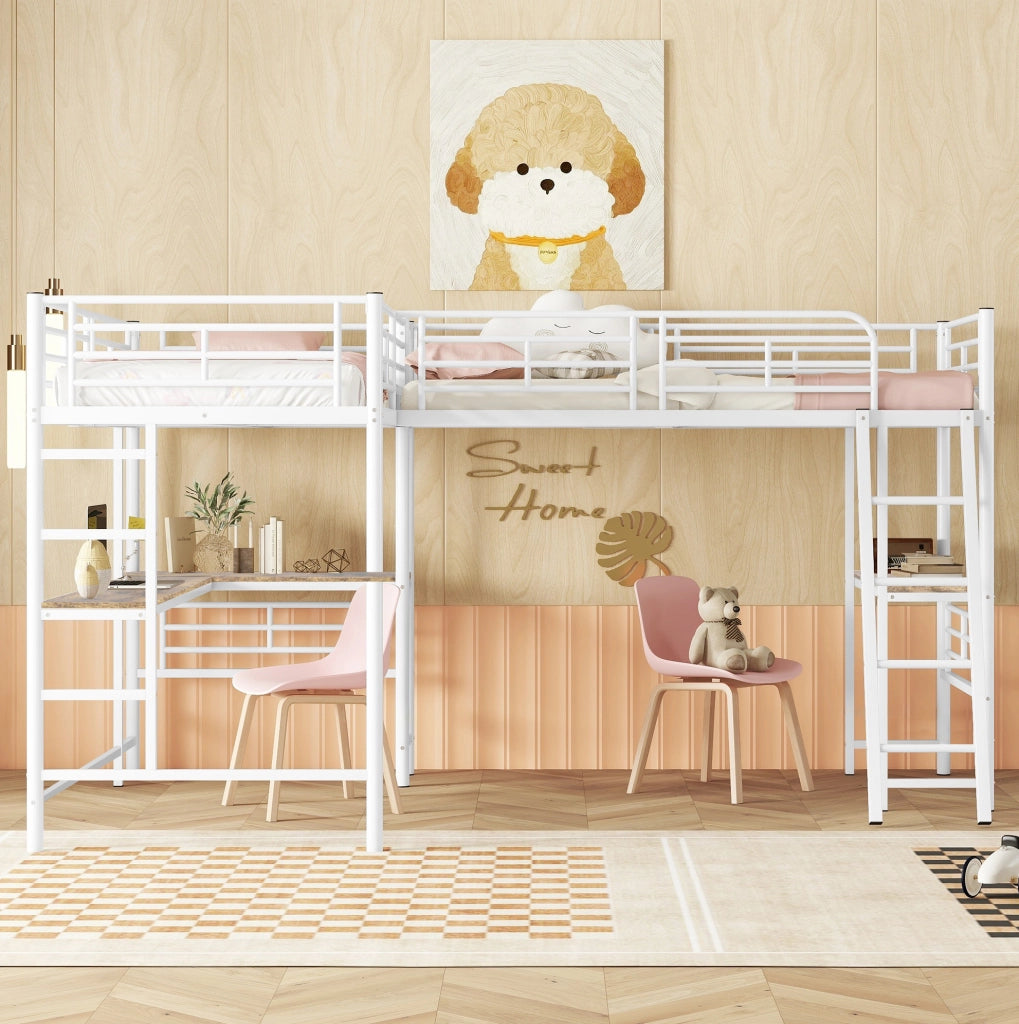 Letto a soppalco 90x200 cm con scrivania in metallo e MDF bianco