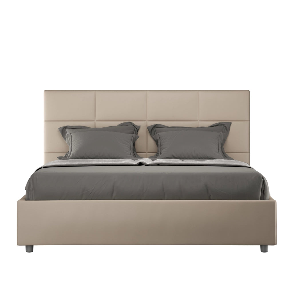 Letto Matrimoniale 160x200 cm con Rete e Contenitore con Alzata Comoda Imbottito in Similpelle Mika Tortora