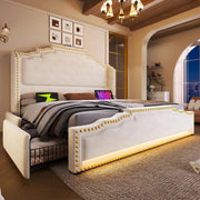Letto matrimoniale imbottito 140x200 cm in velluto beige con 4 cassetti; LED e USB-C