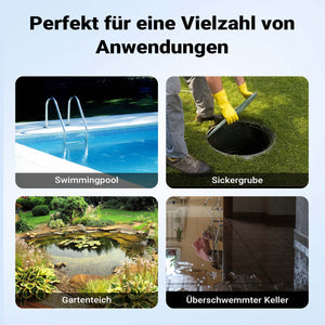 Pompa sommersa ad aspirazione piatta 3in1 850 W, portata 15000 l/h, per acque chiare e scure, con galleggiante e termoregolazione, per cantine, stagni, piscine, pozzi