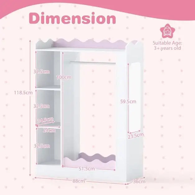 Armadio appendiabiti per bambini con specchi e ripiani rosa per cameretta organizzatore vestiti e giochi