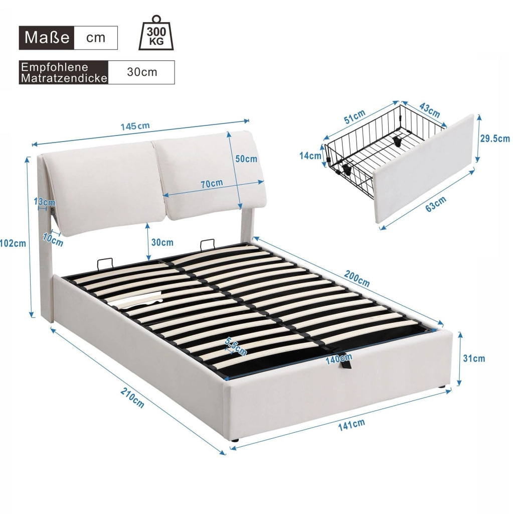 Letto imbottito 140x200 cm in velluto beige con 3 cassetti