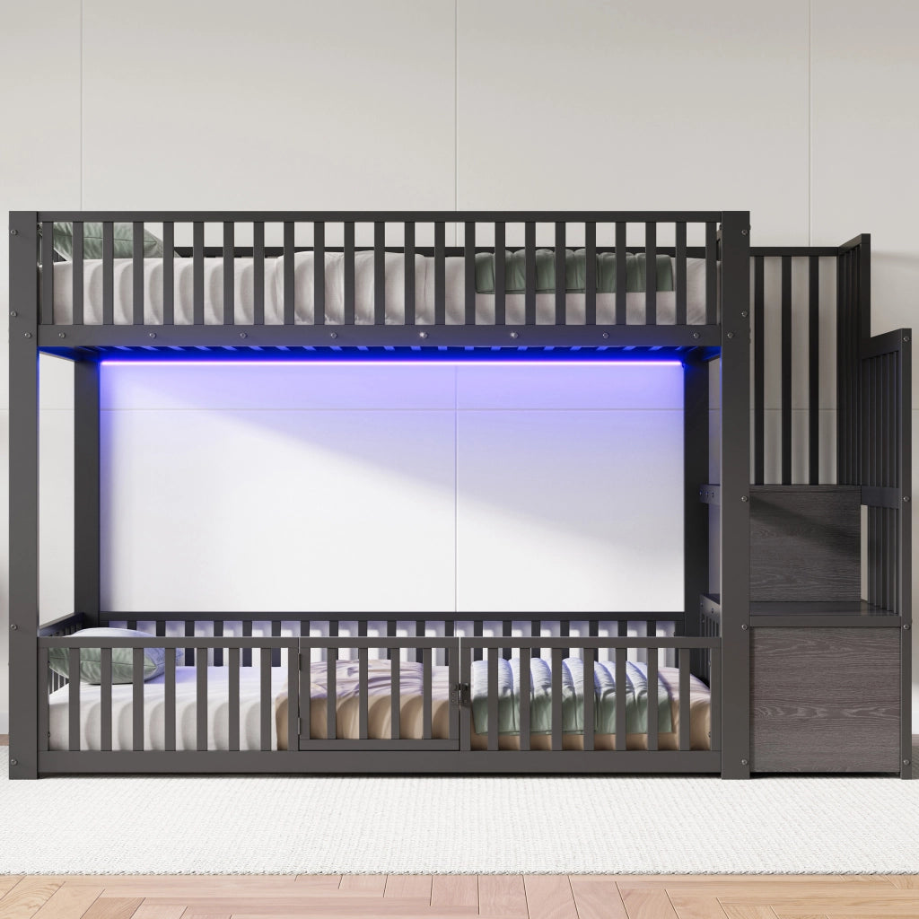 Letto a castello 90x200 cm con scala contenitore e LED, Nero