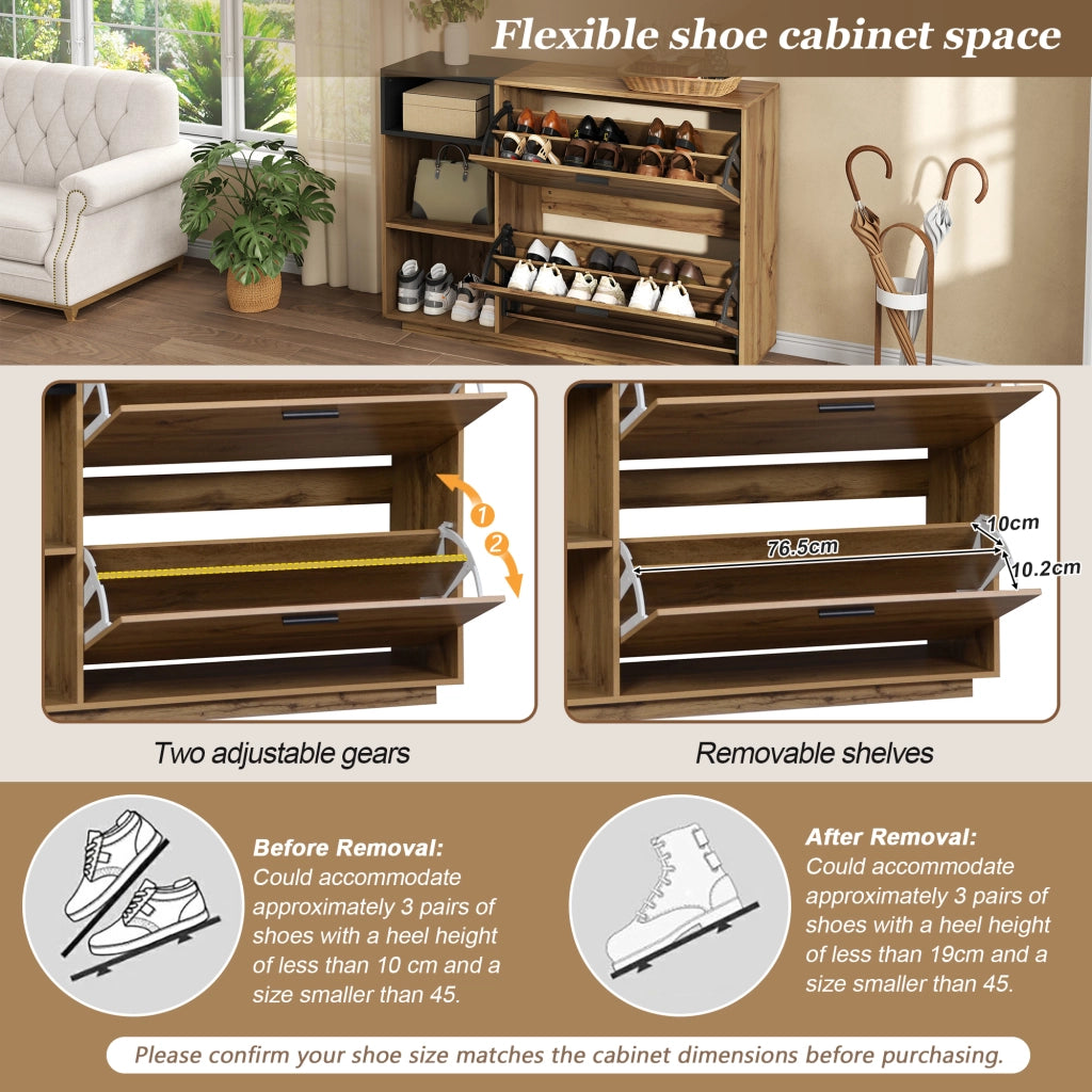 Scarpiera con 2 ante a ribalta e 3 vani aperti, per ingresso, in MDF, effetto legno naturale e nero, 120 × 32 × 84,5 cm