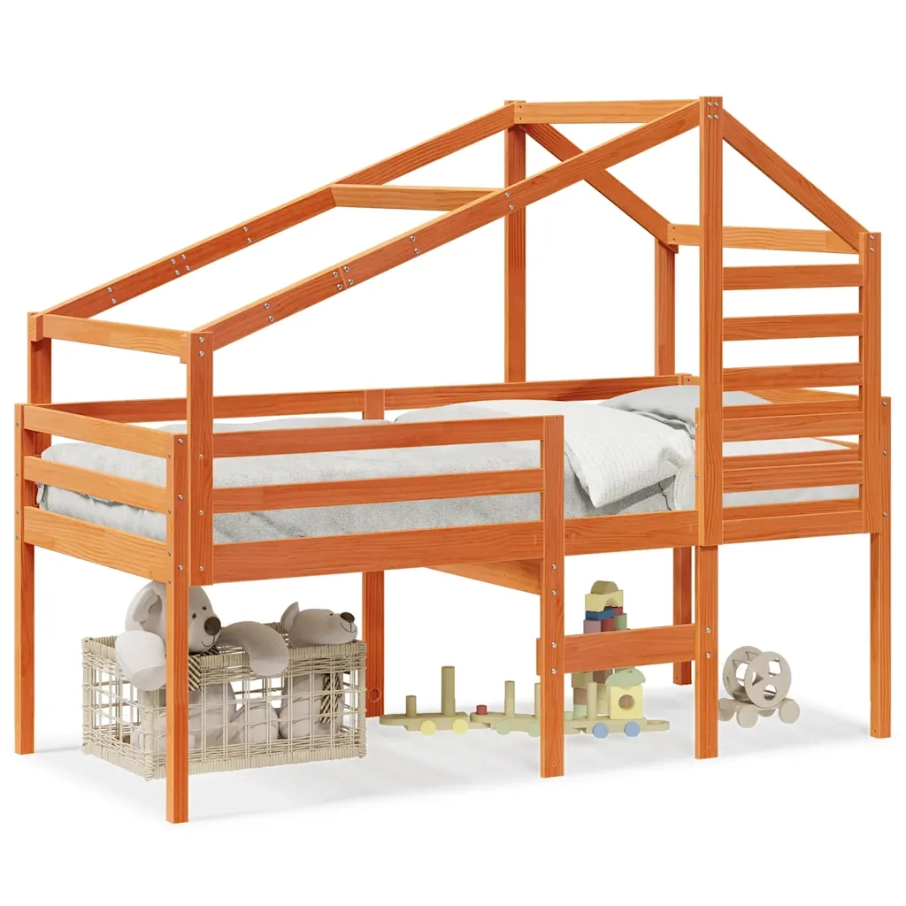 Letto singolo | Letto per adulti | Letto a Soppalco con Tetto Cera 75x190cm Legno Massello di Pino