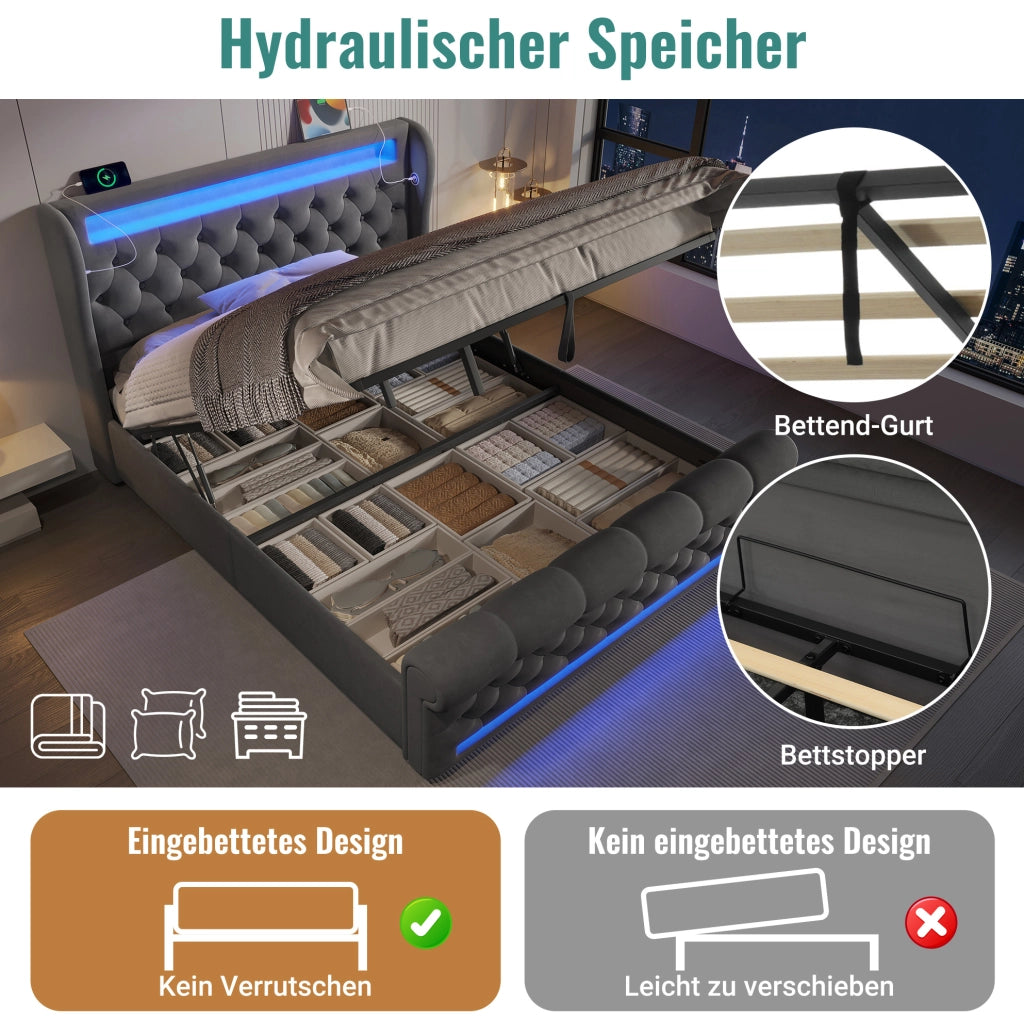 Letto imbottito contenitore 160x200 cm in velluto grigio; LED; USB e Type-C; materasso incluso
