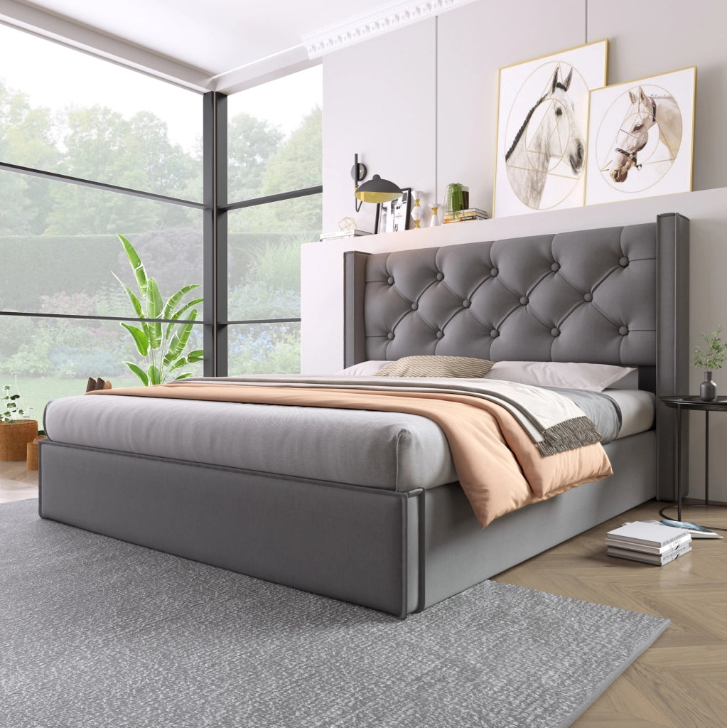 Letto imbottito 140x200 cm con contenitore e rete sollevabile