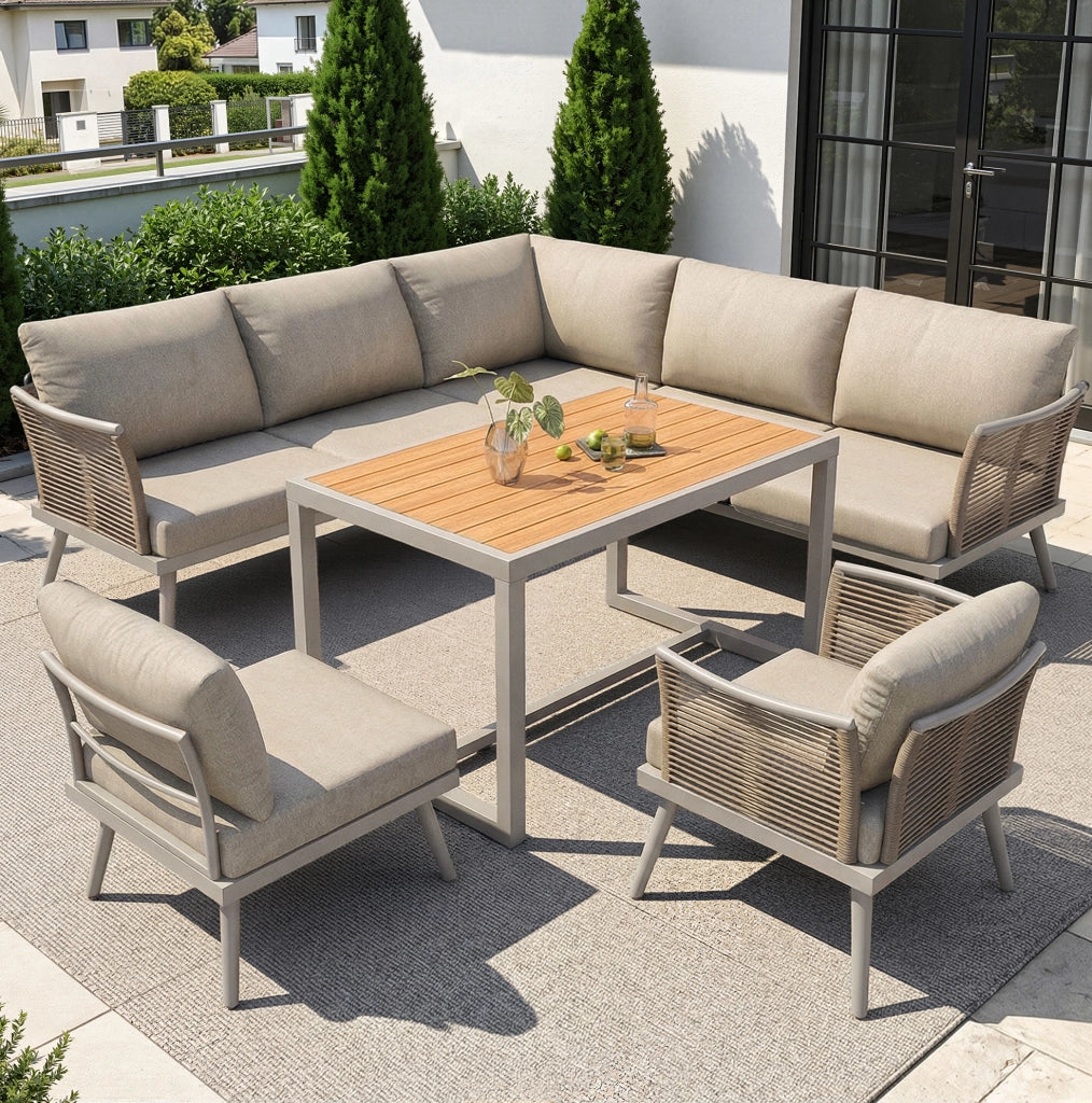 Set da giardino 7 posti con divani componibili e tavolino; ferro beige