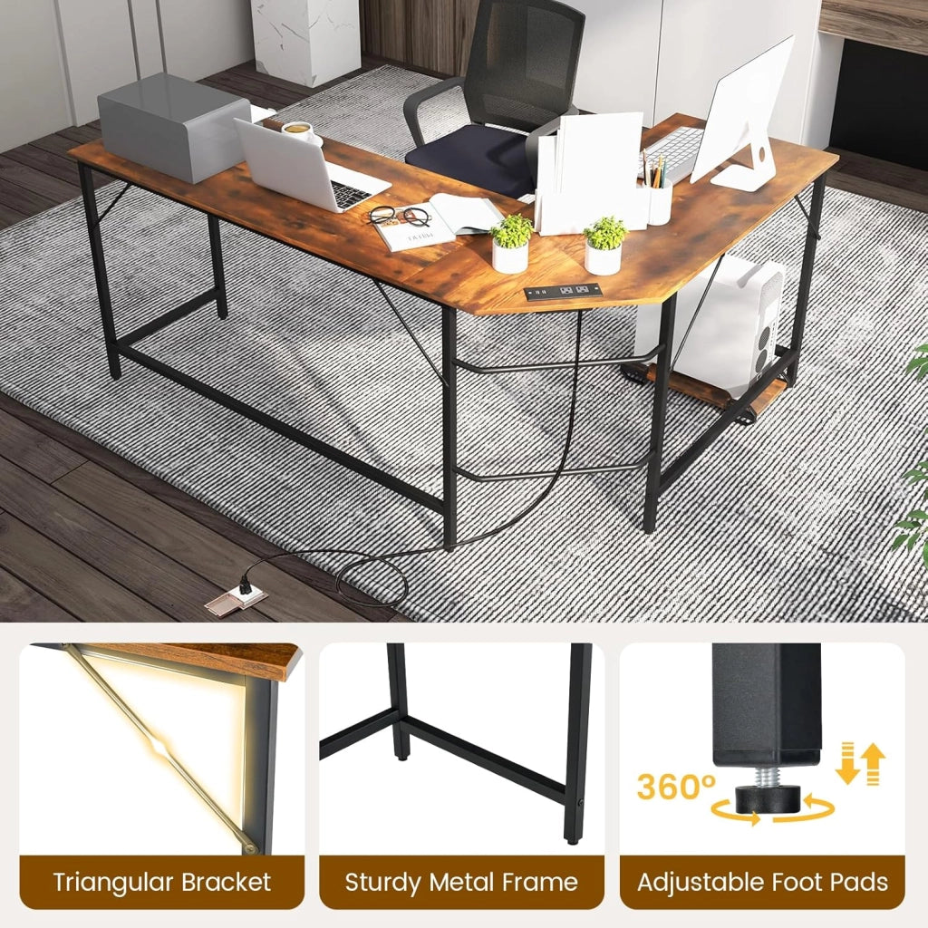 Scrivania angolare per computer, scrivania per computer a forma di L con prese di corrente, supporto per computer, scrivania con porte USB, design poco ingombrante (marrone)